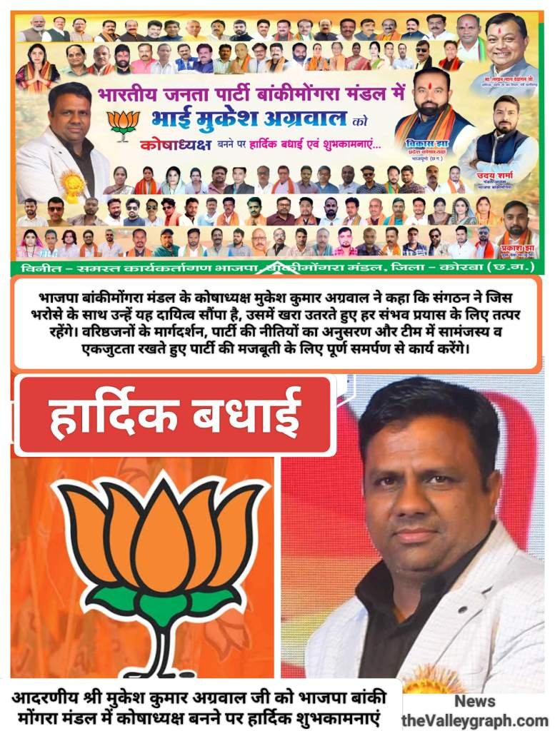 BJP के कर्मठ और समर्पित सदस्य मुकेश अग्रवाल को भारतीय जनता पार्टी बांकीमोंगरा मंडल में कोषाध्यक्ष का दायित्व, समर्थकों में हर्ष की लहर
