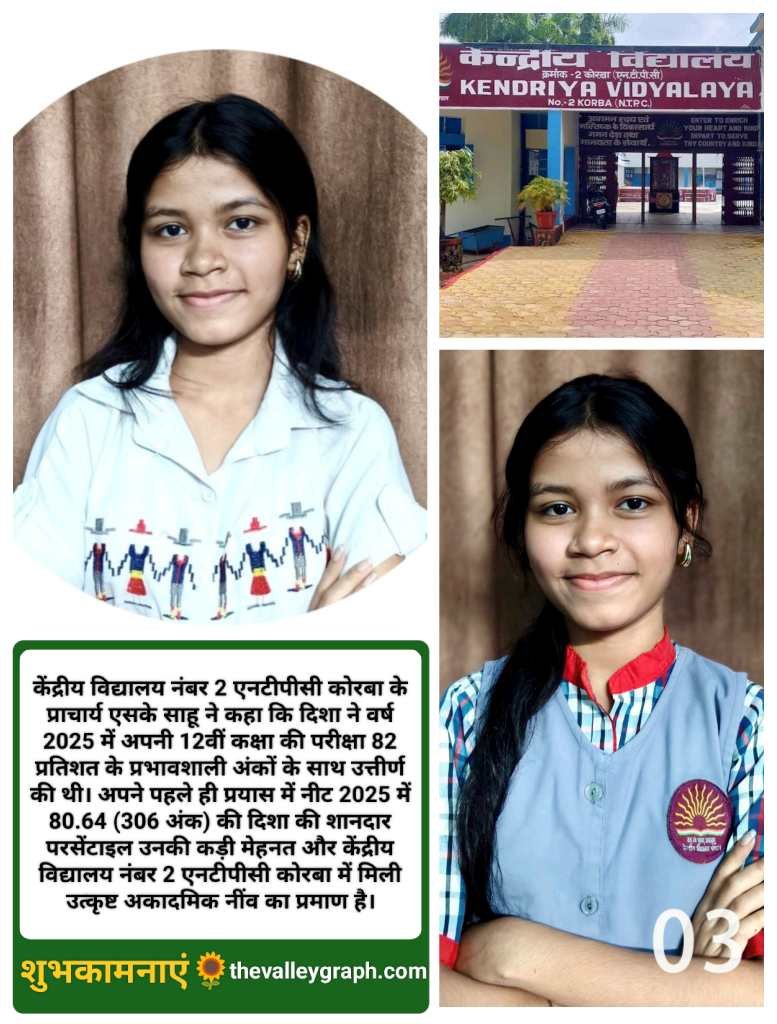 केंद्रीय विद्यालय 2 NTPC की छात्रा रही दिशा उर्वशा ने मेडिकल कॉलेज कोरबा में हासिल की MBBS की सीट