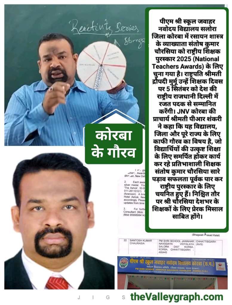 पीएम श्री स्कूल JNV कोरबा के शिक्षक संतोष चौरसिया को मिलेगा राष्ट्रीय शिक्षक पुरस्कार, शिक्षक दिवस पर रजत पदक से सम्मानित करेंगी राष्ट्रपति द्रौपदी मुर्मू