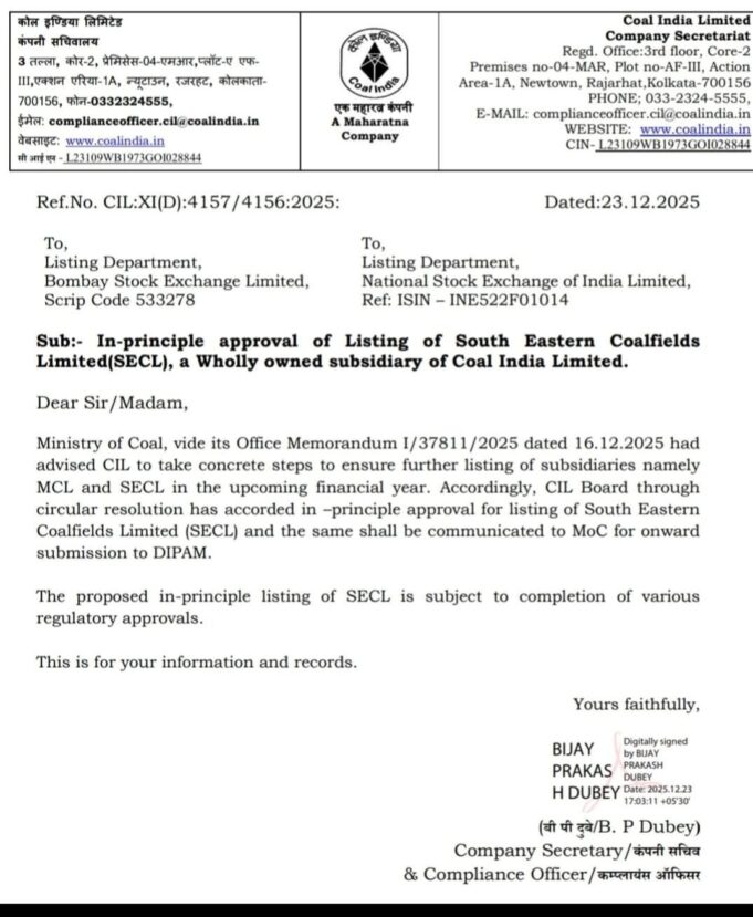 CIL के बोर्ड ऑफ डायरेक्टर्स ने सैद्धांतिक रूप से प्रदान की SECL और MCL को लिस्ट करने की स्वीकृति, शेयरों में दिखा असर