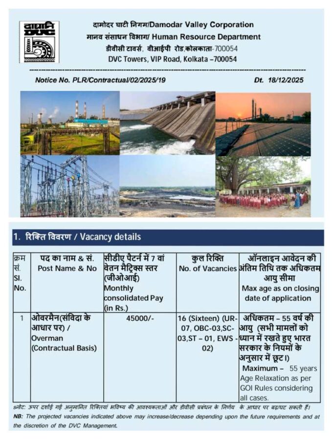 Damodar Valley Corporation में ओवरमैन की भर्ती, नोटिफिकेशन जारी, देखिए पात्रता के मापदंड