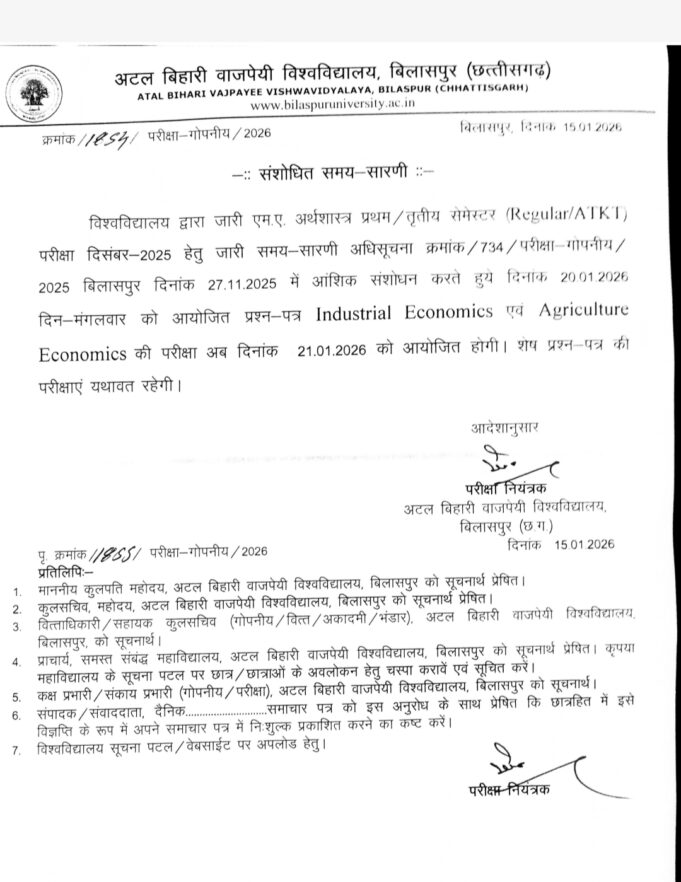 MA अर्थशास्त्र के स्टूडेंट्स ध्यान दें, 20 को नहीं, अब 21 जनवरी को होगी इंडस्ट्रियल इकोनॉमिक्स एवं एग्रीकल्चर इकोनॉमिक्स की परीक्षा