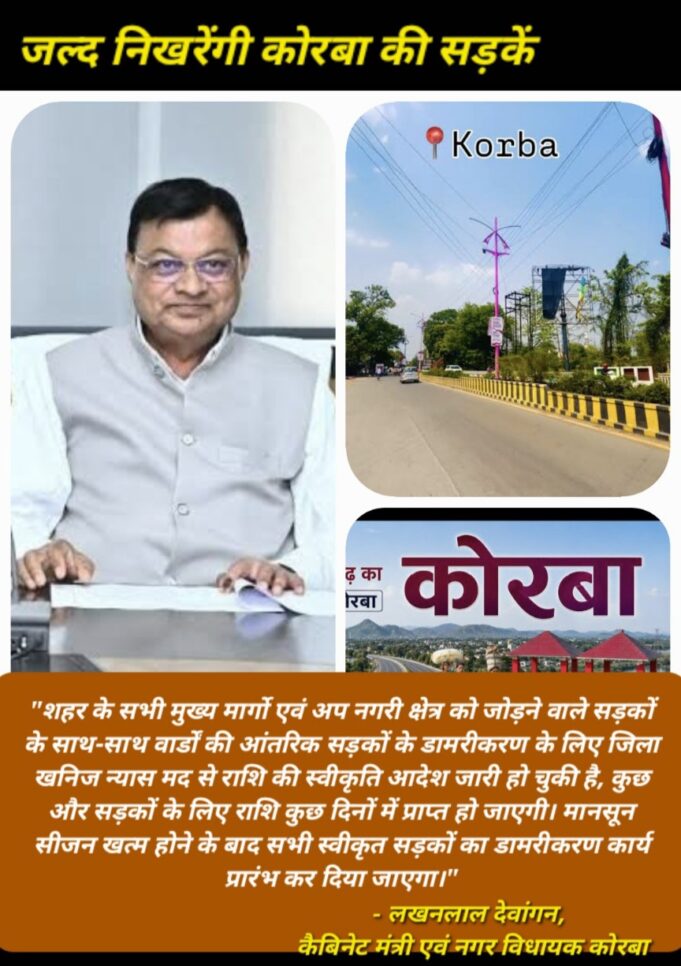 उद्योग मंत्री लखन लाल देवांगन की पहल से शहर के मुख्य मार्गों के डामरीकरण के लिए 17 करोड़ से अधिक की राशि जारी